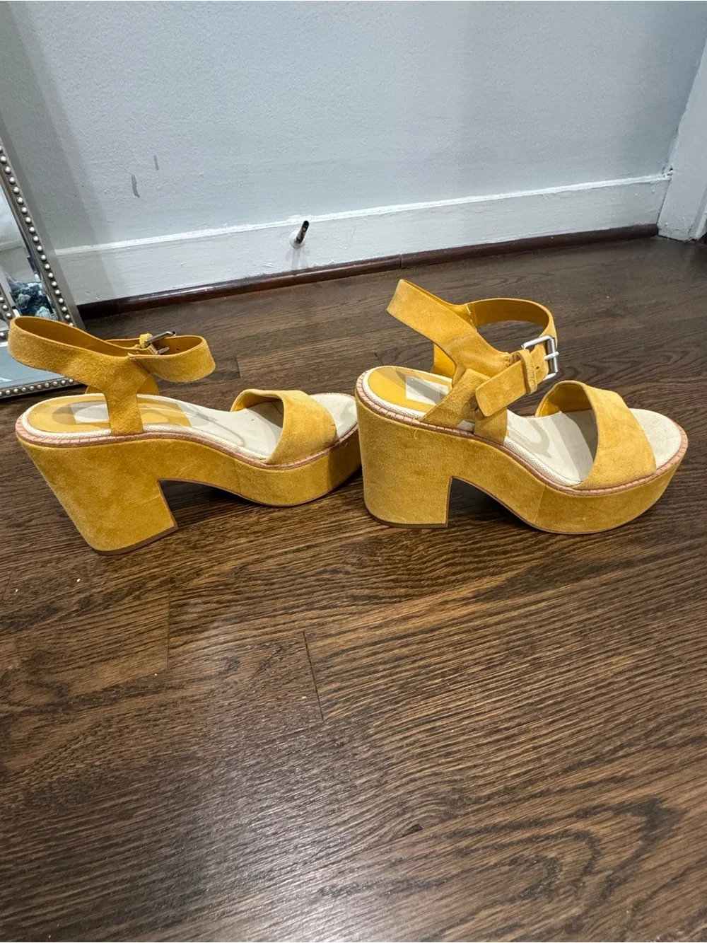 Dolce Vita Platform Suede Ankle-Strap Sandals in Mustard Yellow